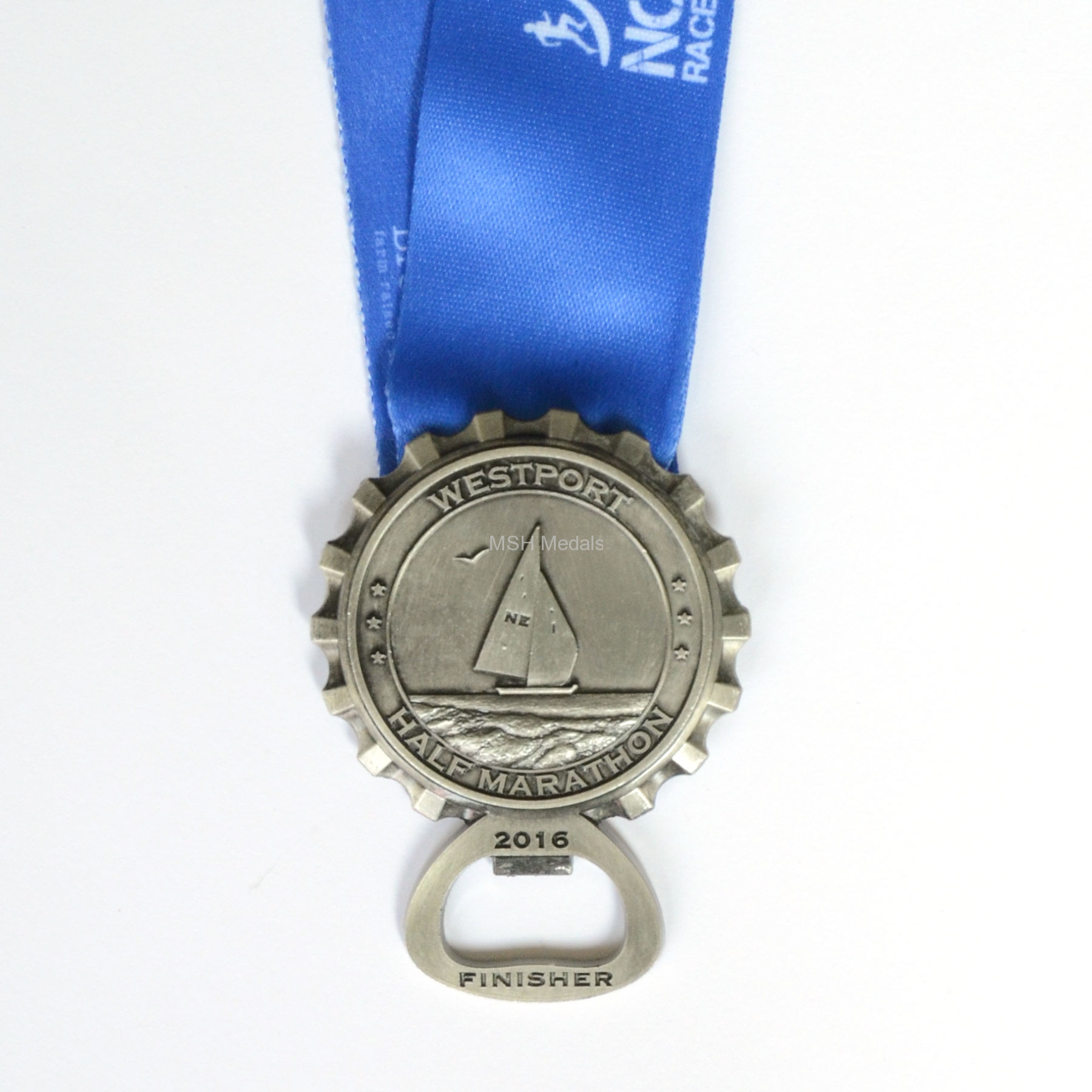 2.5" custom bottom opener running medal in antique silver