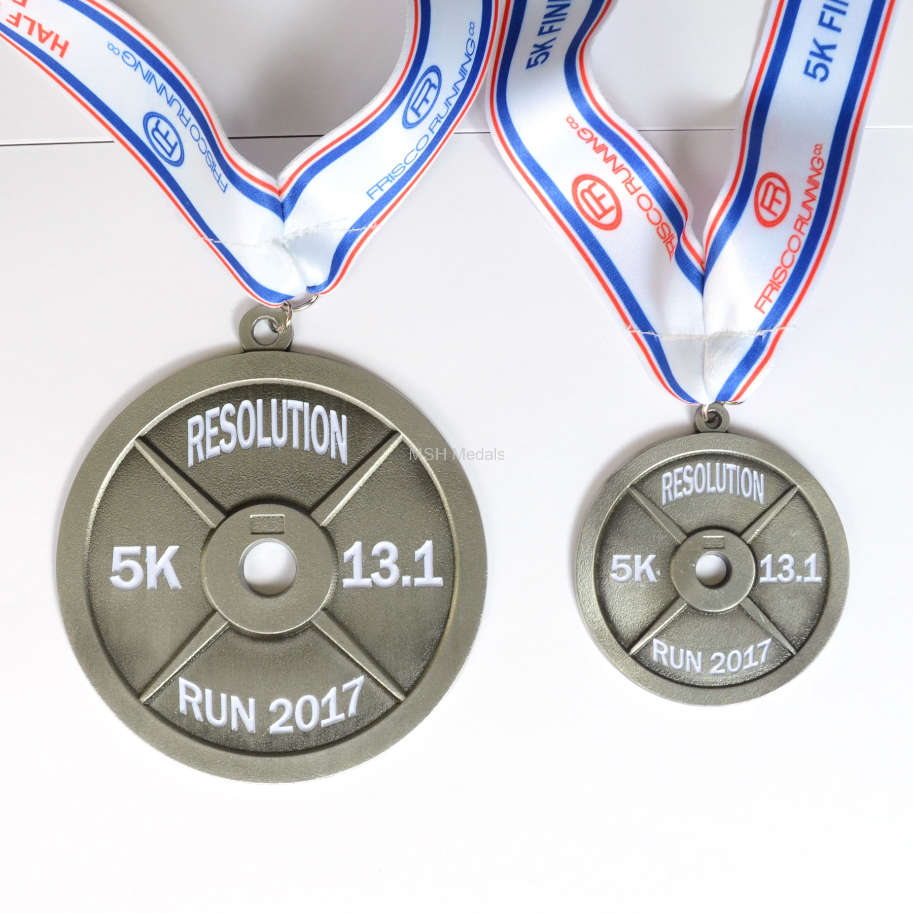 Set of 2 half marathon and 5K race medal in the shape of weights